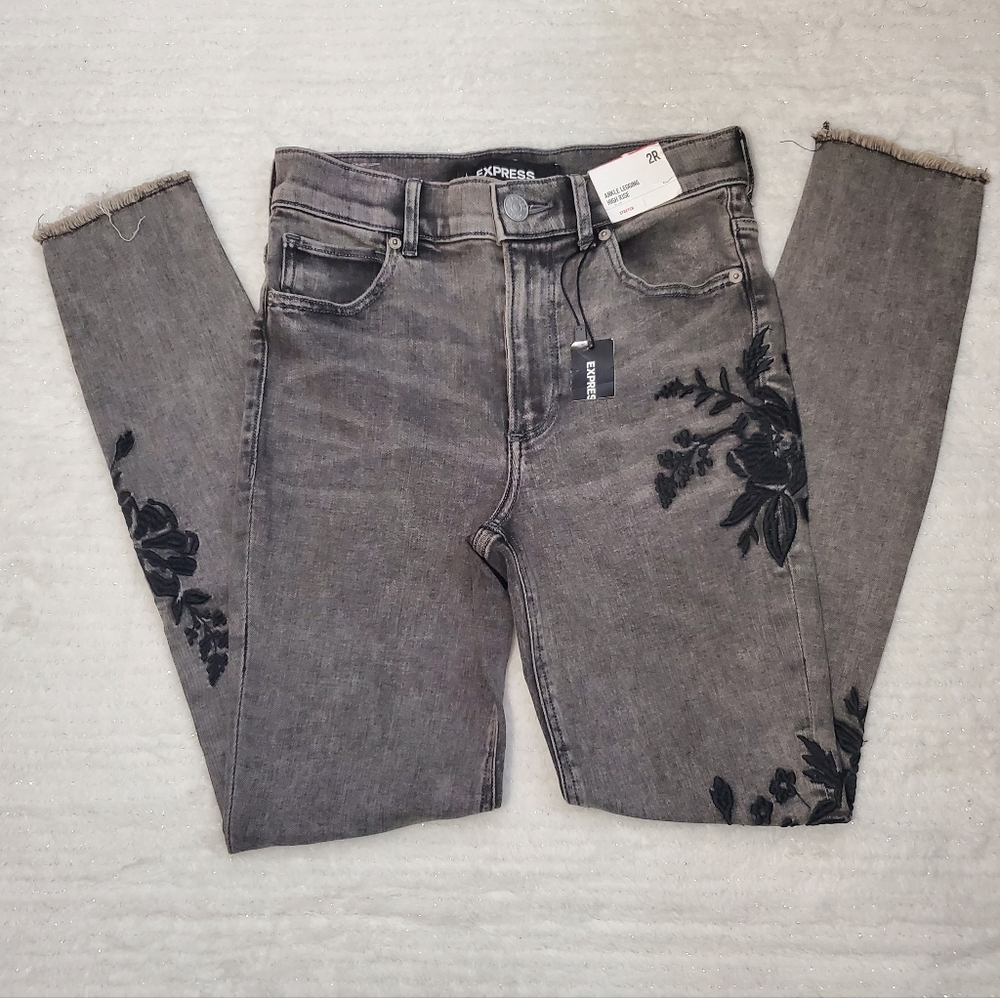 Express Charcoal Jeans with Black Floral Design
